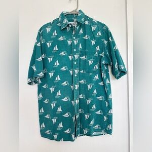 IMPACT VINTAGE COLLARED TEIL SAILBOAT BUTTON FRONT SHORT SLEEVE SHIRT SZ LARGE